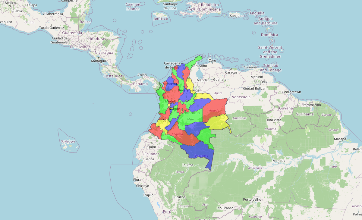 Mapa de Colombia coloreado con el Teorema de los 4 Colores y algoritmo de Welsh-Powell